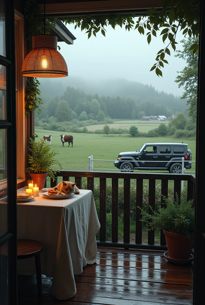 real realistic photo in a cozy farmhouse on rainy day, at the field, view from the balcony, cows grazing, cat lying next to the breakfast table, Light fog, warm colors on the balcony lit by candles on the table full of breakfast foods, cool colors in the landscape with trees and garden and white fence. a black Jeep Renegade parked in the garden