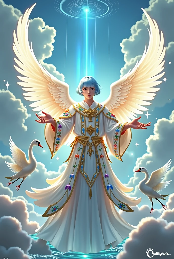 light blue hair, blunt bangs, orange eyes, handsome, white priest's clothes, long sleeves with colorful gold embroidery, many gold ornaments, holy, Myth, saint, angels, archangel with birds, transparent glass marble, glass Palace, shining wings, spray of water, rainbow light, heaven, swans, the gates of heaven, enormous clouds, grand and mysterious, wind swirling, sacred light, sunlight, sunshine, blue sky, dynamic angle
