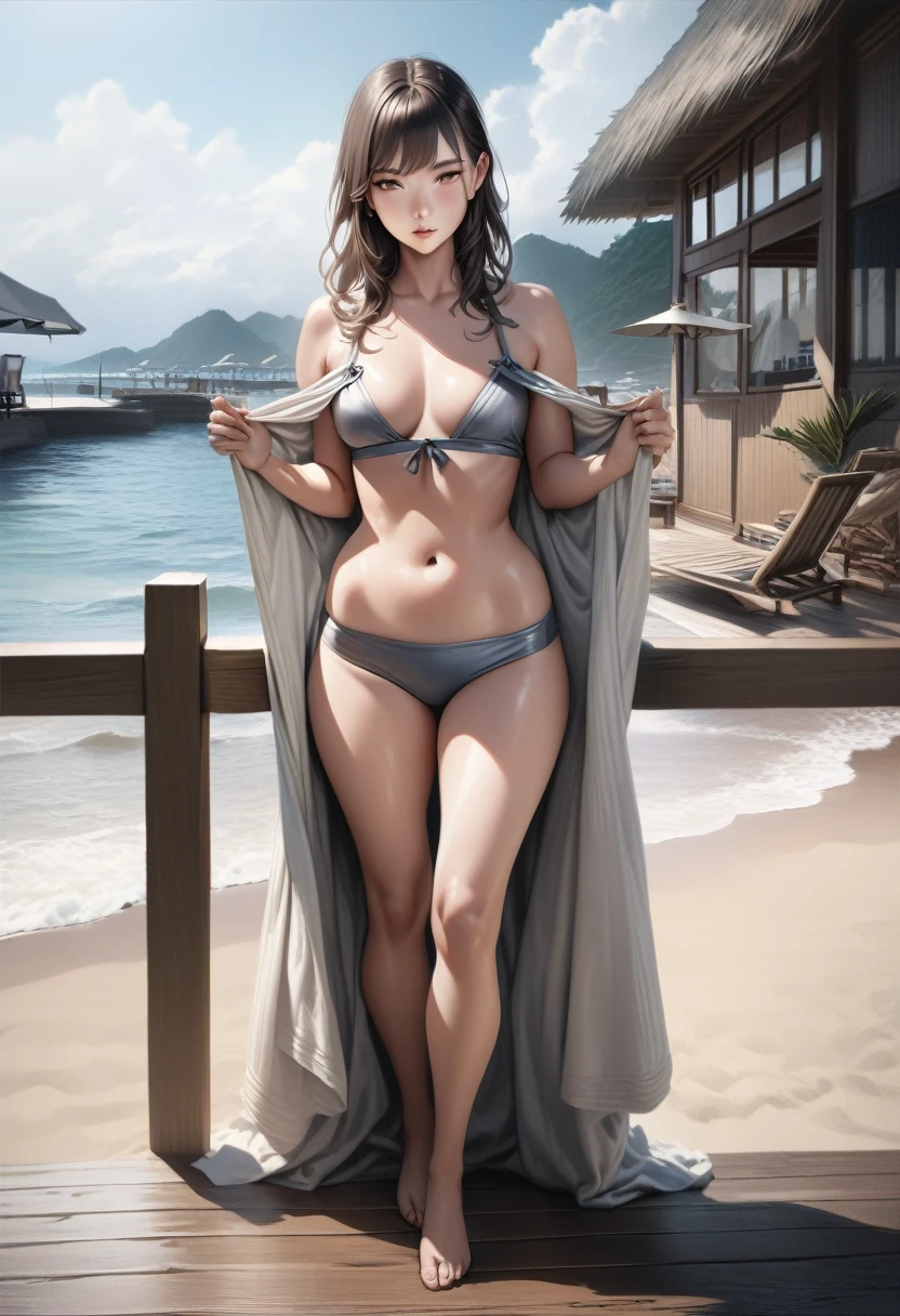 8k, raw photo, best quality, masterpiece, realistic, photo realistic, clear, professional lighting, beautiful face, best quality,ultra high res, realistic japanese, Super detailed, detailed fingers, 1women, shiny hair, detailed hair, beach resort,standing, full body