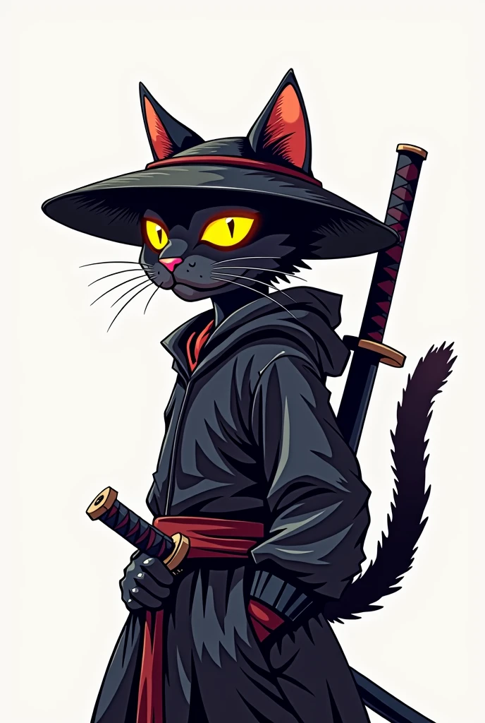 Anthramorphic cyberpunk ninja cat with glowing eyes He is turned one third to the viewer view slightly from the side Accessories: katana on your back, Japanese hat Minimalistic monochromatic background contrasting to focus attention on the character Bright style, stylized,cartoonish with clear expressive lines