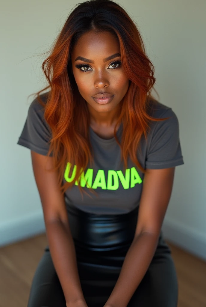 Make a picture of a brown woman , dark hair with copper highlights straight long , eyes browns ,wearing black leather mid skirt, gray t-shirt with neon green letters saying UMADVA on the front, high heel shoe close up 