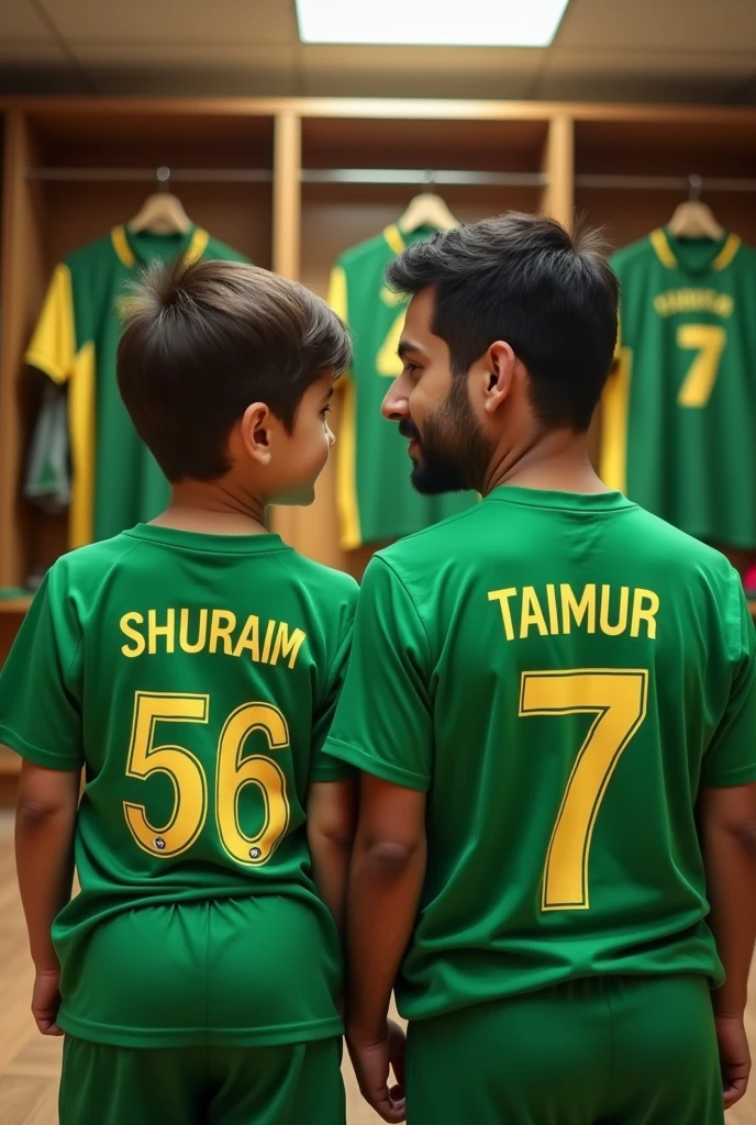 5year old nephew in green t-shirts with 21year old uncle in a cricket dressing room the nephew name on t-shirts is SHURAIM back side and t-shirts number is 56 and the uncle name on t-shirts is TAIMUR and t-shirts number is 7 back side