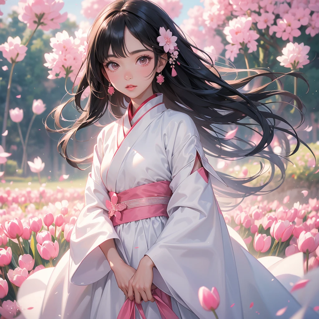A black hair beautiful female in white hanfu dress , Standing in the middle of pink tulip field, close up.