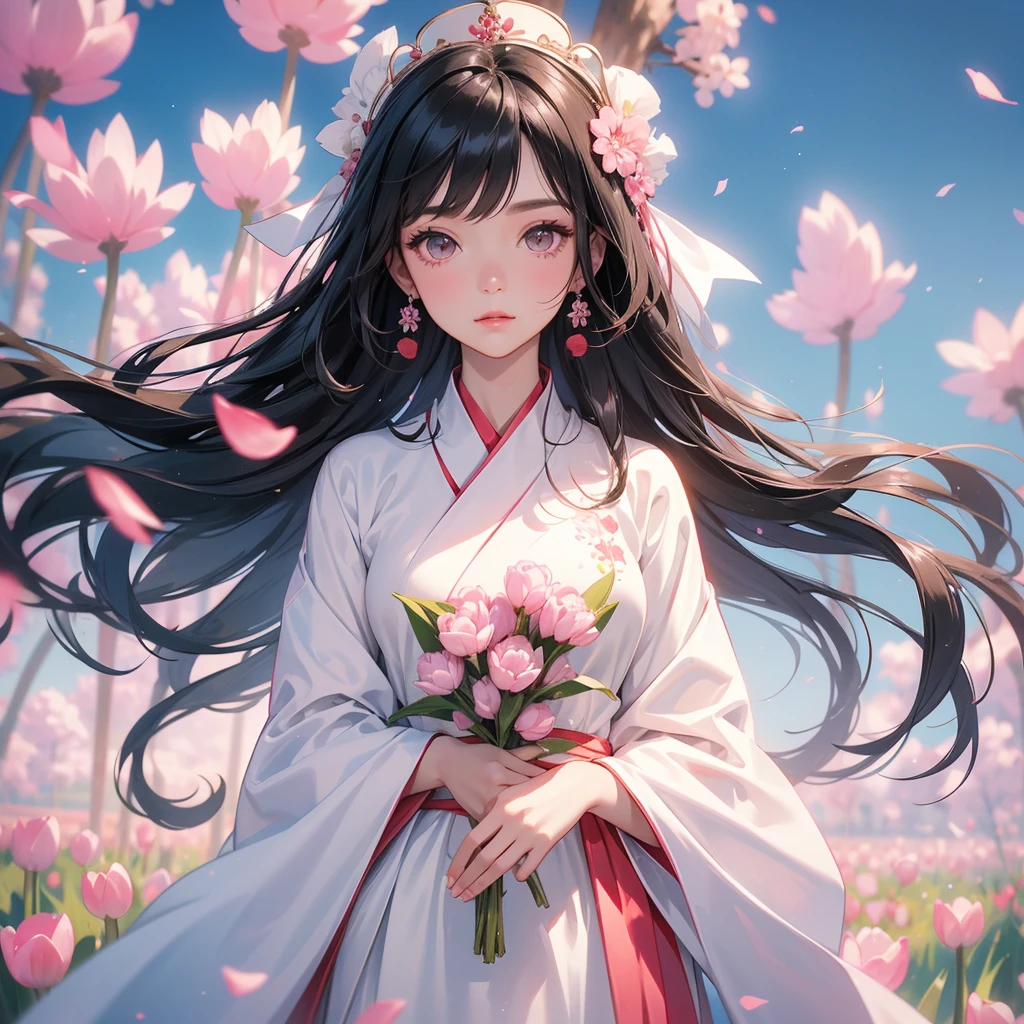 A black hair beautiful female in white hanfu dress , Standing in the middle of pink tulip field, close up.