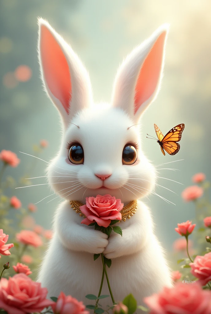 Create a white rabbit with roses in its hands and a butterfly on its nose and with a necklace on its neck that says Regina