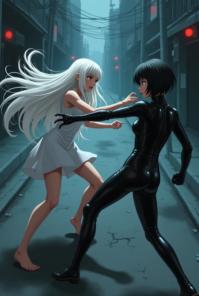 The image is anime style Darker than black with shadows and dim lights, anime style although somewhat adult and dark, It shows a scene of the roads of a city. In the image, an albino with long white hair and red eyes is fighting., who wears a short white dress and has bare feet, against a female android who has short black hair and a latex suit and one blue eye and the other brown. They fight bare-knuckle on the road. They are in combat stances. The image is focused from above, so you can barely see the fighters in question. Only they are in the picture