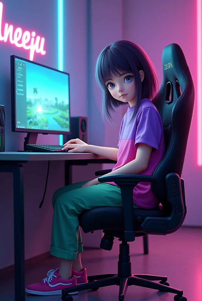 Gaming anime realistic girl wearing pink and purple shirt and green pants and pink shoes sitting on gaming chair in gaming studio a big gaming monitor on front of her chair and led lights and written name of aneeqa