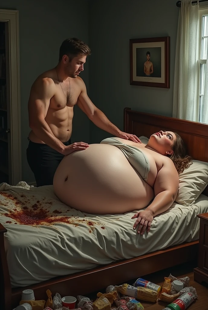 In a dim, cluttered room overflowing with fast food wrappers and greasy takeout containers, a handsome man with a physique similar to Justin Bieber stands triumphantly beside a bed where his girlfriend, now severely obese, lies helpless. Her once-proud, statuesque form has transformed into a grotesque display of extreme obesity. Her enormous, swollen belly spills over the edge of the mattress, its rolls of fat creating a humiliating sight.

The man, clean-shaven and with a charming, confident demeanor, exudes absolute control. His eyes gleam with satisfaction as he gently but firmly massages her massive, soft belly, his touch both commanding and invasive. His well-groomed hair and appealing physique contrast sharply with the disarray around them. Each press and knead of her flesh is a clear assertion of his dominance.

The woman, now profoundly overweight and tearful, lies supine on the bed. Her face, once beautiful, is now obscured by fat, and her eyes reflect deep distress and resignation. Her tears mingle with the greasy stains on her clothes, while her bloated, shapeless body appears entirely vulnerable amid the mess of food remnants surrounding her.

A framed photo on the wall captures a painful reminder of their past—a time when she was dominant and fit, and he seemed weaker. The contrast between their past and present is stark, underscoring her extreme degradation. Harsh lighting casts deep shadows, highlighting every detail of her humiliation—the grotesque folds of her enormous belly, his satisfied smirk, and the tears streaming down her face. She lies defeated, overwhelmed by the sheer dominance of the man who now controls her body and soul.