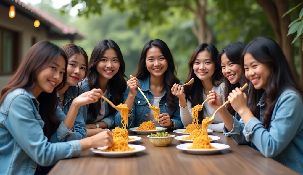7 Beautiful Indonesian Women, his body is quite fat, fair skin, big nose, long wavy hair, wearing a denim jacket, long pants, wearing pink sneakers, sit down, eating position, on the table there are chicken noodles, all hands holding a big spoon, happy face facing the camera, in front of the country house, morning mood, minimal defects, very detail, realistic, 8K picture