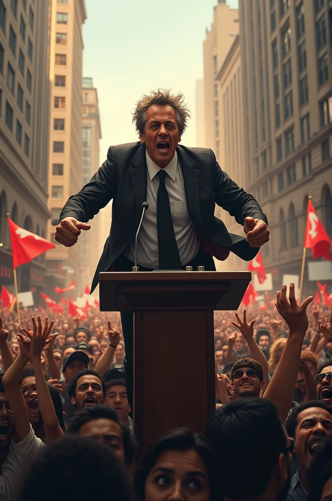 Desperate politician on top of the protest
