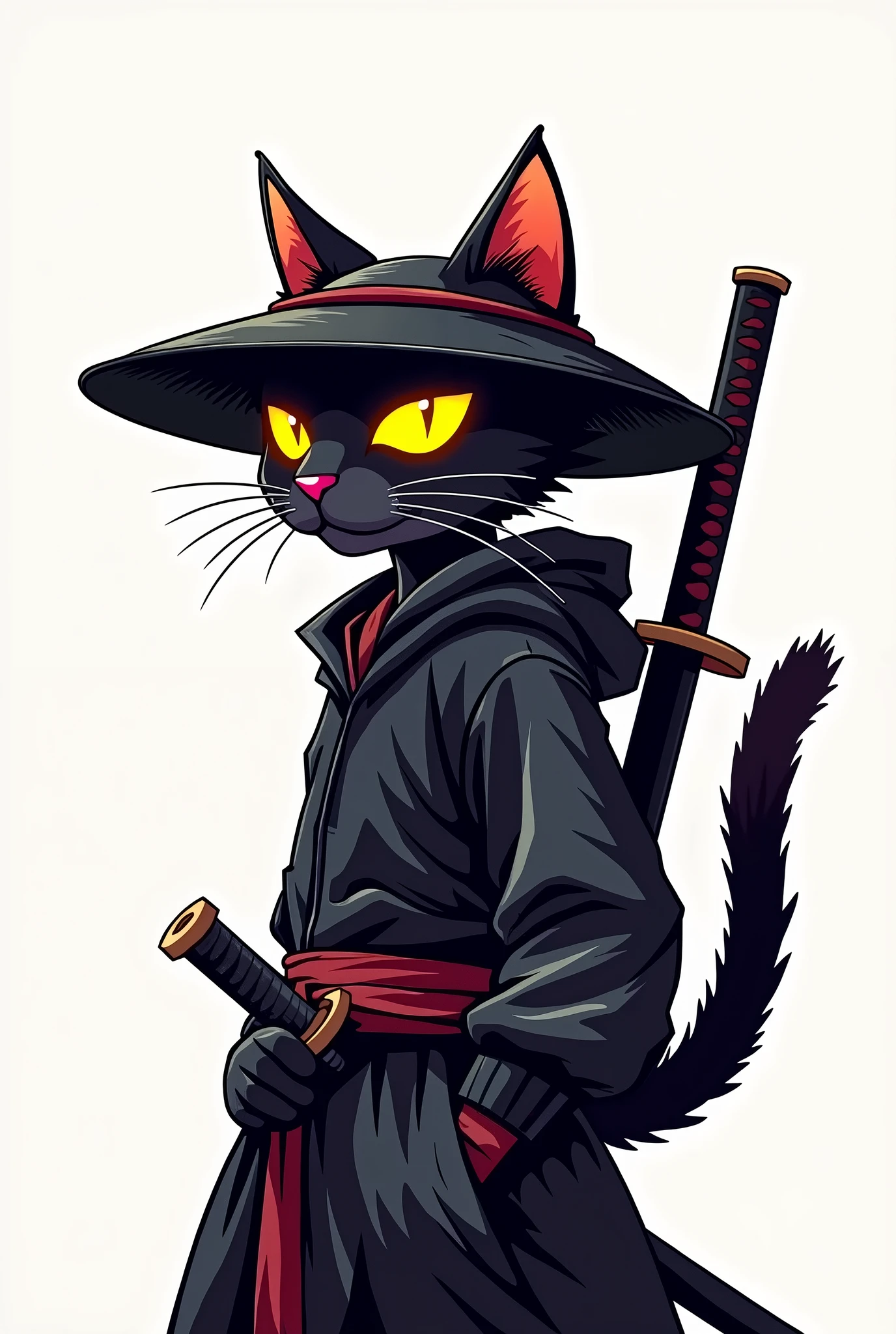 Anthramorphic cyberpunk ninja cat with glowing eyes He is turned one third to the viewer view slightly from the side Accessories: katana on your back, Japanese hat Minimalistic monochromatic background contrasting to focus attention on the character Bright style, stylized,cartoonish with clear expressive lines