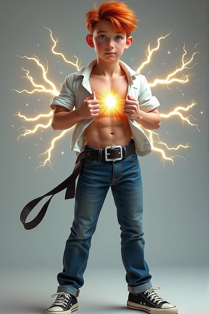 Realistic 12 yo muscular white boy red hair blue eyes freckles tearing open tee shirt  flexing massive chest pec muscles holding black leather belt with diamond shaped buckle emitting lightning bolts pulling tight around waist of tight jeans wearing tennis shoes.