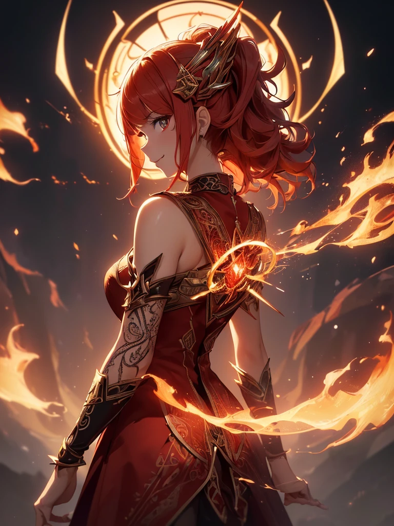 (((best quality, sharp image, clear image, cinematic lighting, 8k resolution, masterpiece, ultra detailed, intricate))) Girl, sorcerer, cute, intricate dress, smiling, fiery red, ((intricate background)), (rune frame), dimension, ((shot from behind)), fire sigils, chaotic background.