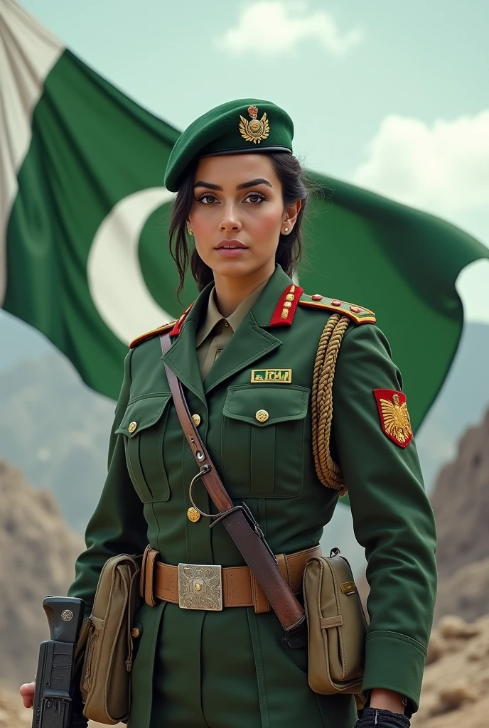 beautiful Pakistani army one women with Pakistani flag