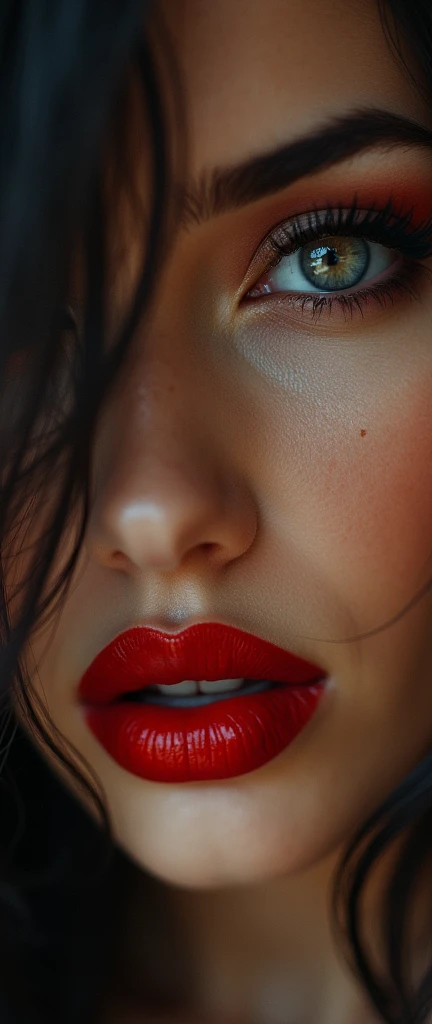 a beautiful woman with captivating eyes, striking red lips, and a seductive expression, 1girl, high quality portrait, photorealistic, hyper detailed, dramatic lighting, cinematic, moody, (best quality,4k,8k,highres,masterpiece:1.2),ultra-detailed,(realistic,photorealistic,photo-realistic:1.37),sharp focus,vivid colors,cinematic lighting,intense gaze,sensual lips,tongue bite,seductive pose,perfect skin,glamorous makeup,long eyelashes,mesmerizing eyes