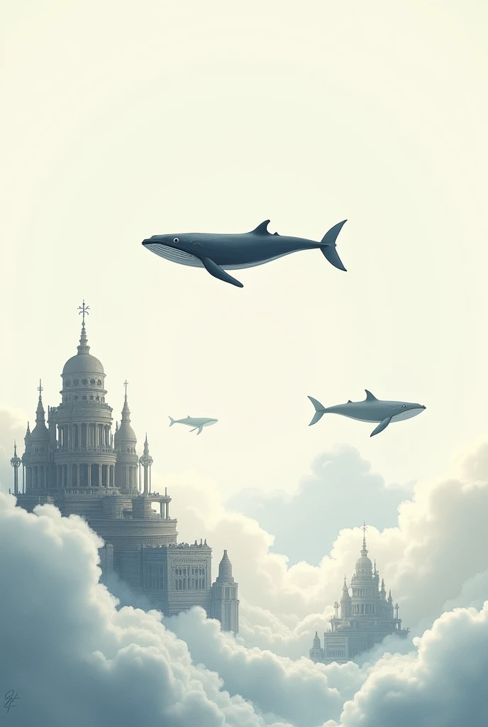 create a drawing, in A4 paper size, of a fantastic world, with whales in the sky full of clouds with floating islands with ancient buildings, minimalist drawing style