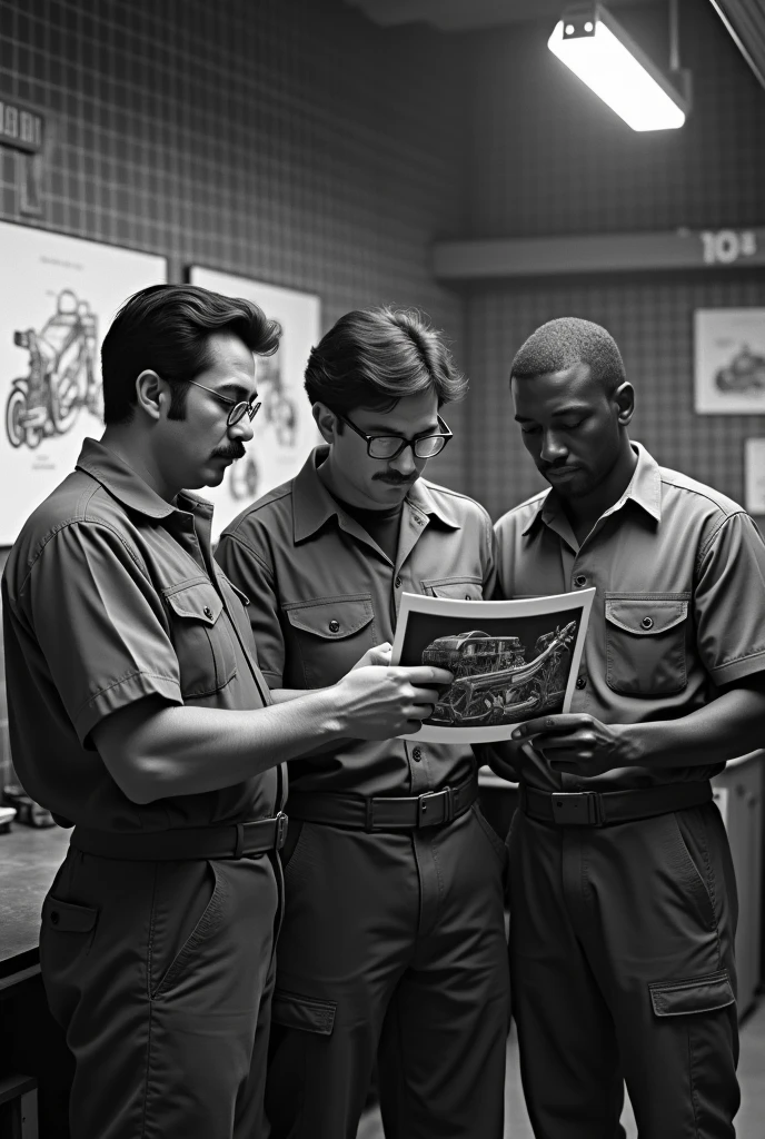 Realistic black and white photography.
antique style, 80s.
containing 3 stopped mechanics, in a workshop, looking at the photo.
Ao fundo da foto, there are drawings of mechanical projects hanging on the wall.
One of the mechanics has a mustache and wears round glasses..
the second mechanic is black.
the third mechanic has a Latin appearance.