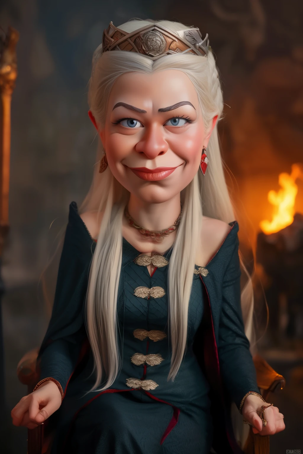 (((caricature style: 1.5))), exaggerated features, bold lines, vibrant colors, digital painting, cartoonish, big head, smiling, long neck,  (( Rhaenyra Targaryen caricature, exaggerated features, silver hair flowing in the wind, intense purple eyes)) , Wearing a crow, regal yet determined expression, dragon scales subtly integrated into her clothing, sitting on an iron throne made of dragon bones, background of a burning city, dramatic lighting, digital painting, cartoonish, bold lines, vibrant colors, high contrast, sharp details, fantasy elements, medieval atmosphere, epic and powerful, (masterpiece: 2), best quality, ultra highres, original, extremely detailed, perfect lighting
