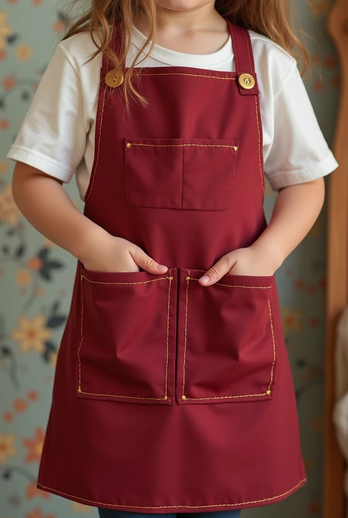 A maroon Apron Small  art  apron, front and back,a golden lining round it and a pocket at lower part. 