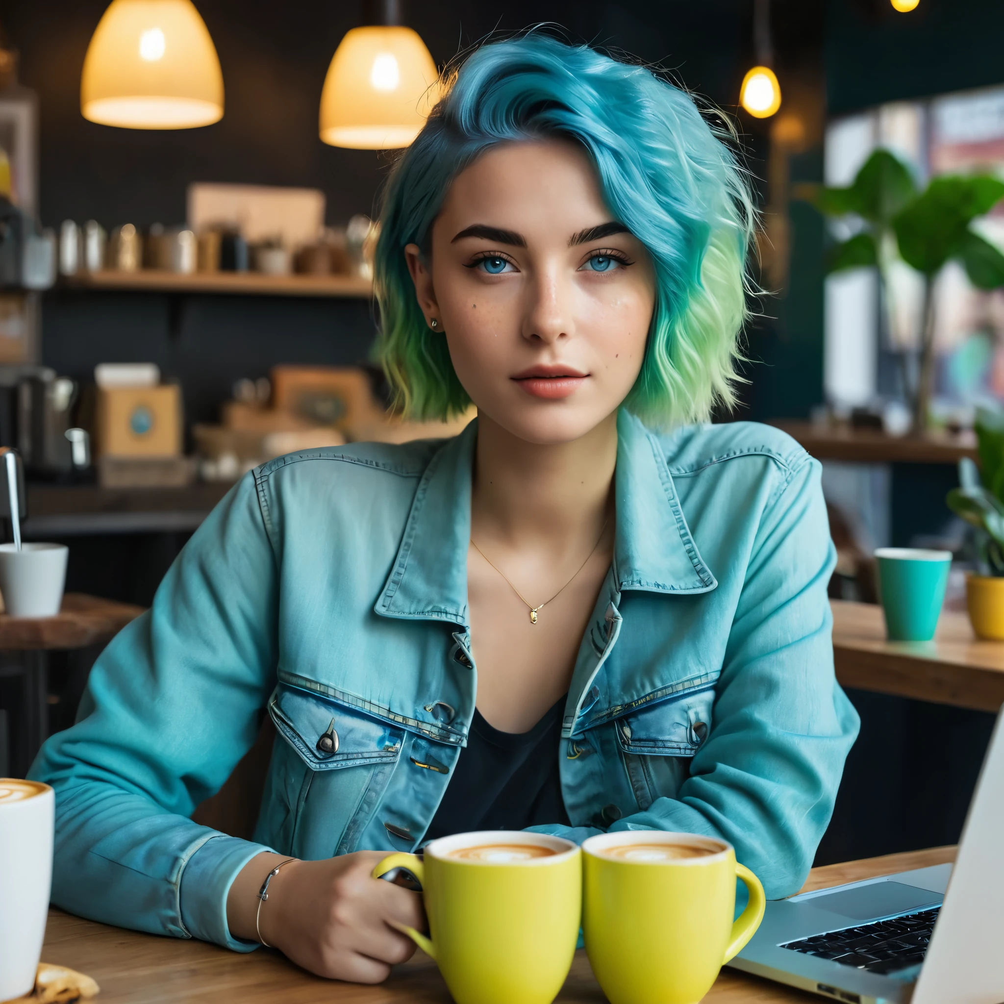 Woman 20 Years Old Nordic Ethnicity, short blue hair with a perfect face and light freckles, Blue-Green Eyes, A dynamic image featuring Novai in a trendy Leipzig café. She’s sitting at a table with her DJ equipment set up, surrounded by coffee cups, an espresso machine in the background, and her laptop open with a music editing program visible. The scene captures her in the middle of creating a new track, with a steaming cup of coffee in her hand. The vibe is warm, lively, and inviting. (((Color palette - turquoise, neon green, yellow shades)))