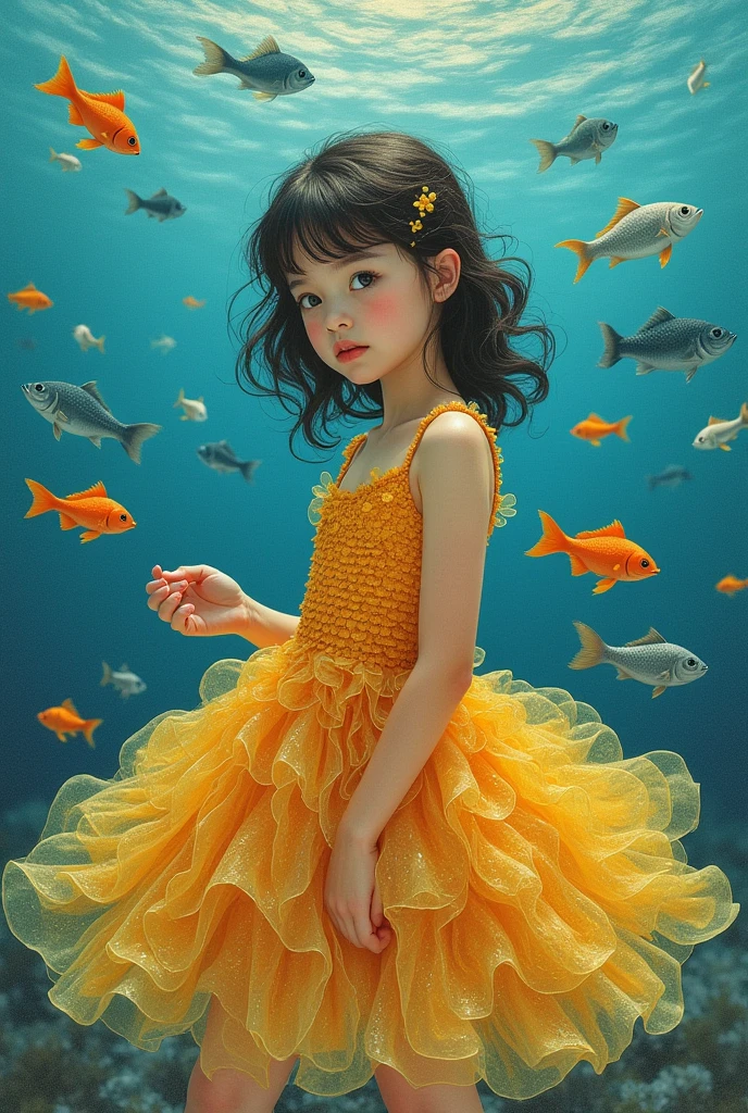 A girl in a yellow dress full of scales. Lot of Fish floating around her. She is removing the scales from a small orange fish to finish her dress and looking at the camera... cyan blue water background. All in graphite pencil drawing style. And vibrant colors.