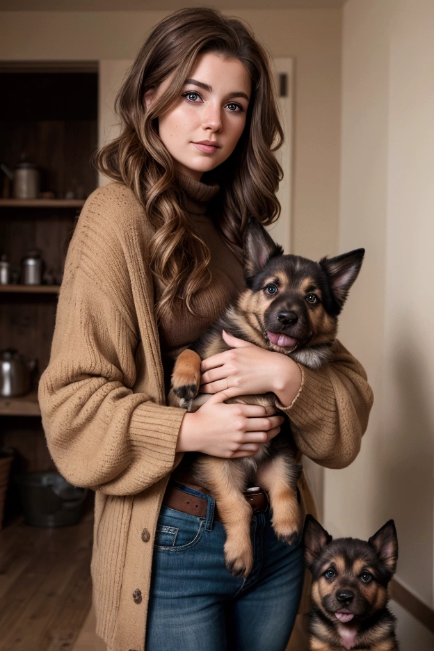 Photorealistic selfi of a farmer young woman russian brown hair, messy hair , with a puppy german shepherd on her side