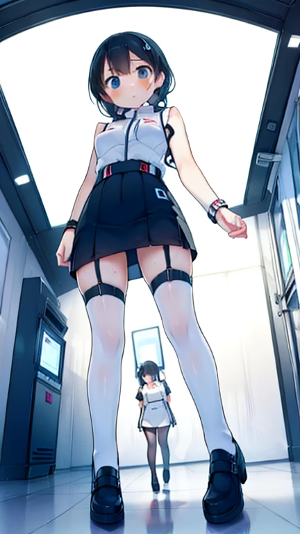 (Highest quality), (masterpiece), 1080P, High resolution, 4K, 8k, Inside the space station、Futuristic room、Thigh straps, Shooting from directly below, The woman on top of me, 白いSweat, Covered , Sweat, Woman looking down, Skirt swimsuit, Thigh-high socks, To achieve this, 16 years old, , whole body, Black leather shoes, Braided hair, Inner Color, Embarrassed face, Short black hair, bracelet, Bedroom,celestial body_Vest
