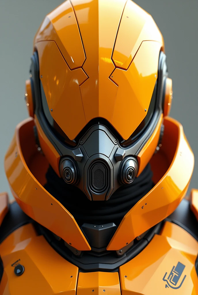 Generate an innovative helmet design for a suit "heroi" that uses suit fire as its main "missiles" that his helmet is orange and that he has a sharp and angry yellow visor, that he has an oxygen respirator against impurities or air toxicity in the mouth part of the suit