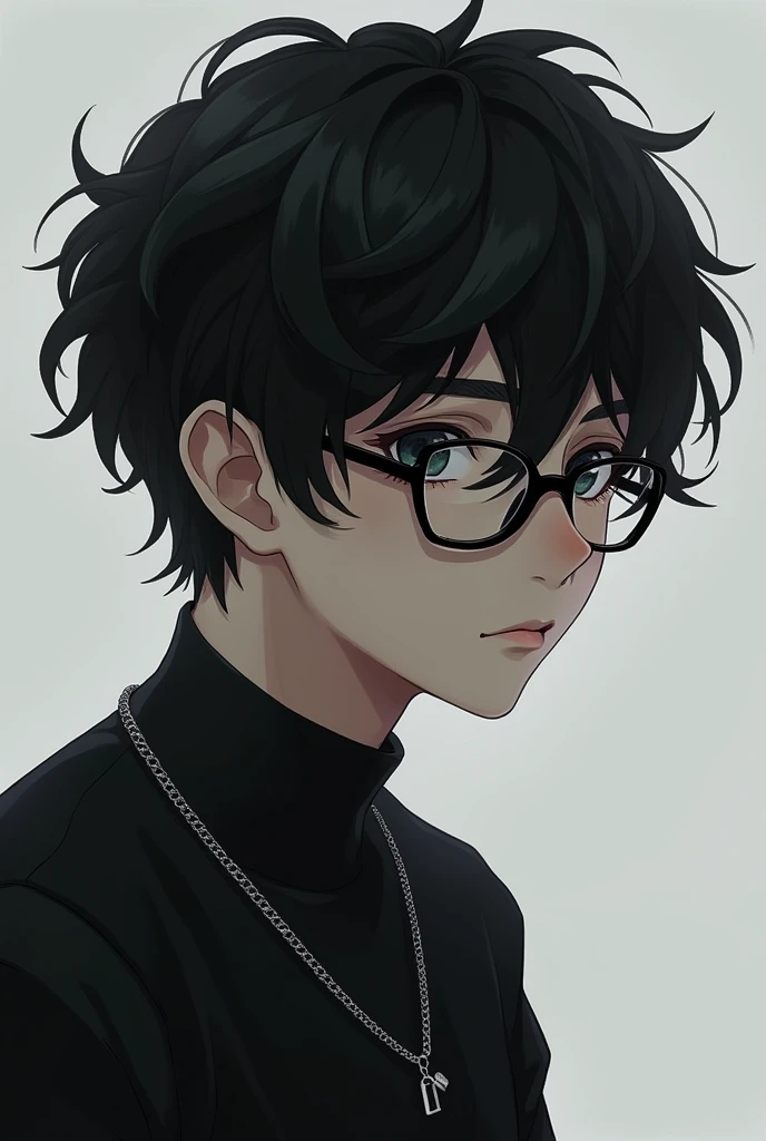 create a 1 black haired boy with silver chain and black anime glasses