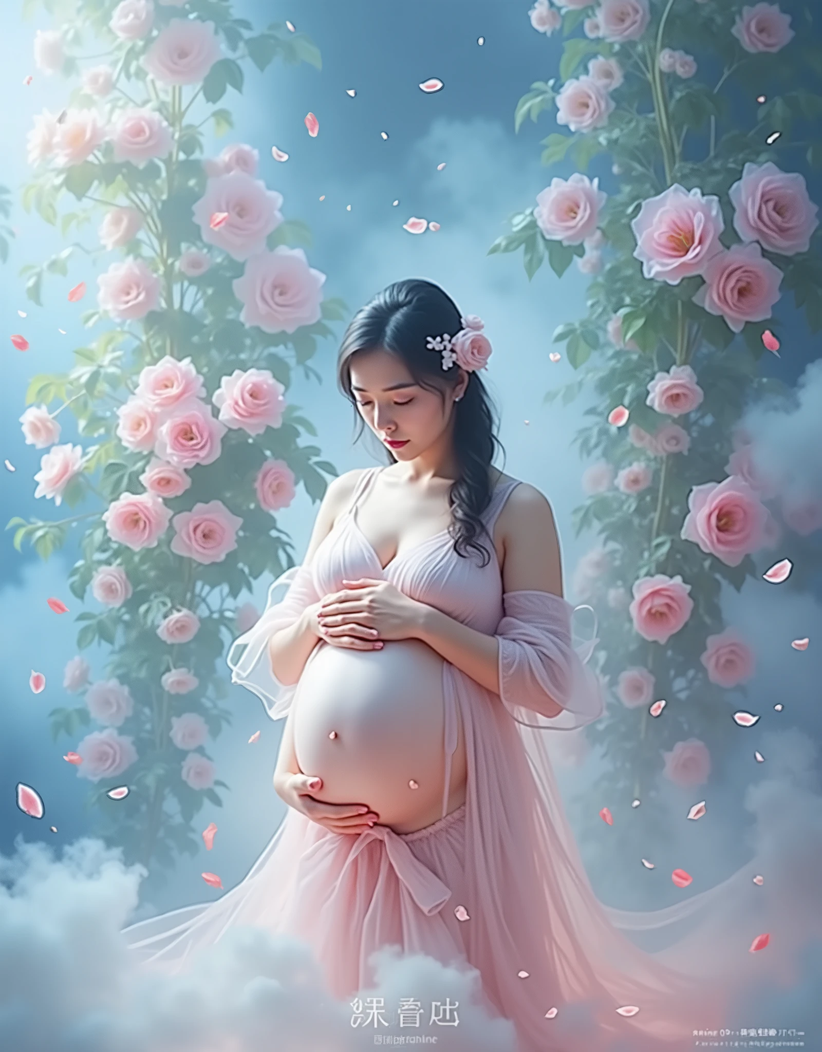 pregnant woman , flower background smoke 
