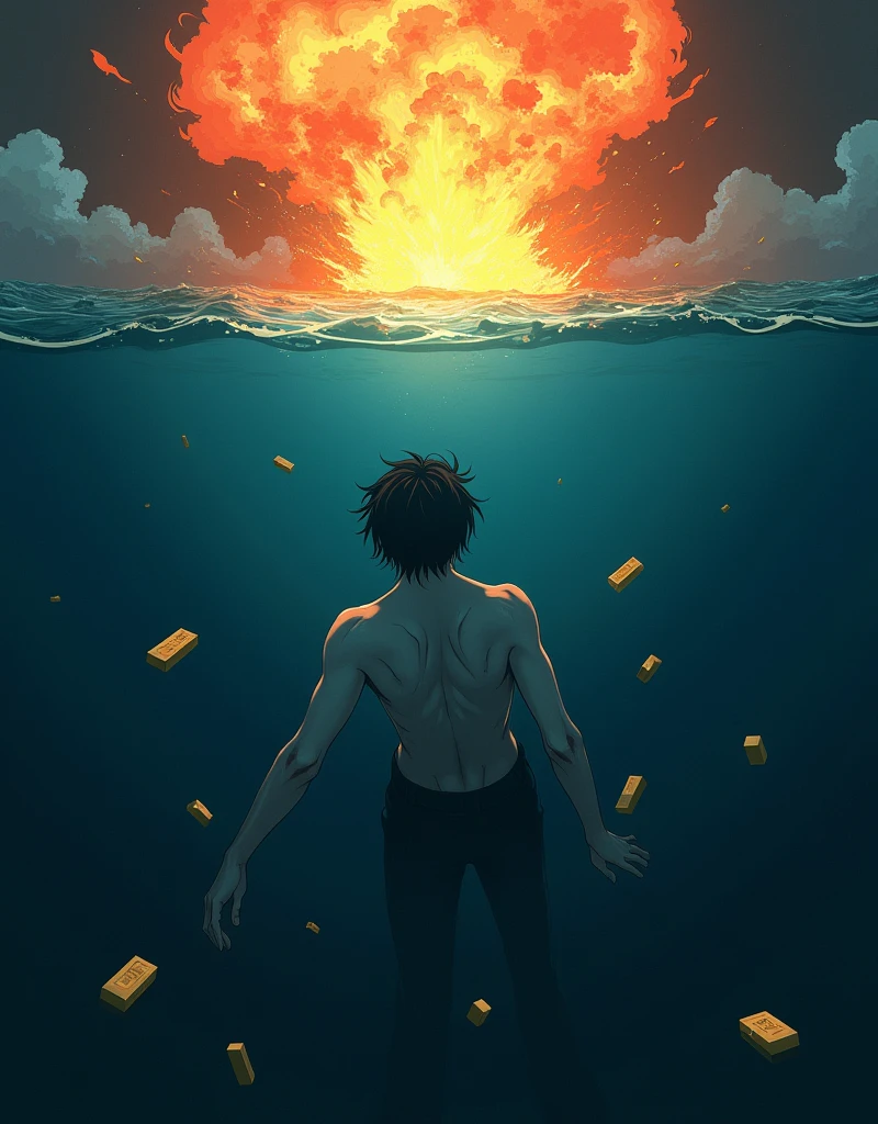 Create a anime style landscape image. Surreal digital artwork depicting a dead man horizontally sinking underwater and he wearing white suit, sinking in a dark, deep blue environment. The man has dark hair and light skin, and "his body is oriented horizontally with his back facing the viewer". Above the water's surface, there is a dramatic, fiery explosion with bright orange and yellow hues, creating a stark contrast with the dark water below. Scattered around the man are several gold bars, adding an element of intrigue and symbolism to the scene. The overall composition is striking, with a strong contrast between the calm underwater setting and the chaotic explosion above.