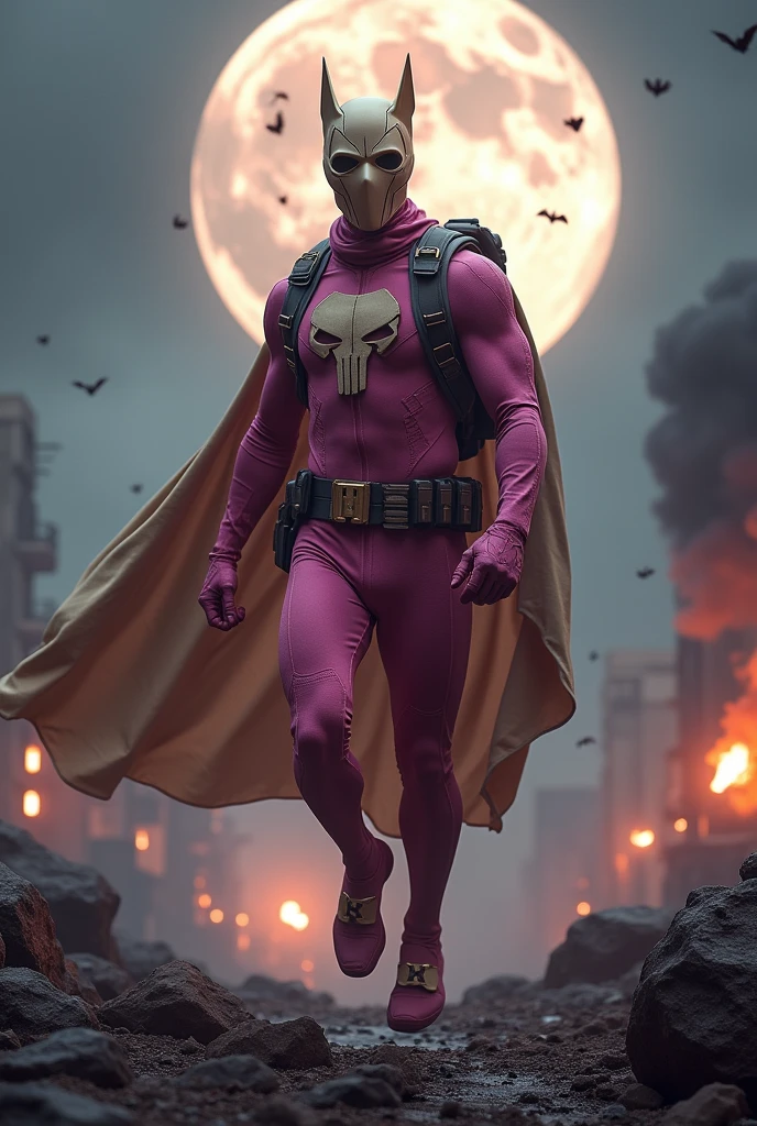 Malaysia man in high-tech suit, vivid effects, malaysian superhero(( (KELUANG MAN)) in a striking pink and brown beige costume cyberpunk design((, mask small mini bat ear beige,))(( beige bat mask domino beige cover head helmet))jumpsuit dark pink stands confidently in a dramatic.jumping from high place.hero costume.one hand rise up. (Small punisher in triangle shape on chest.). jumping from hight place. Fighting pose , stormy landscape. ((Head covered node guard like batman.)) Running pose , athletic body type, small mini ear bat mask))The character wears domino mask a helmet with pointed mini torn ears and a flowing cape biege, open nose and mouth. Equipped with visible futuristic weapons on a belt,bullet proof jacket pink dark day.show fingers pose, dark night, big supermoon effect . Small logo on chest triangle shape small ((mitch gerads punisher ) )). rocky. Building top.smoke ground , bomb effect background((, losse pants, losses costume.))adding to --ar 3:4 --style raw --stylize 500 --v 6.1. chaos. Lot of small flying bat.two Hand ride up , open legs up one leg down in standby for jumping in high place. One leg on the high stone. Man. Backpack . Real man age 40 year old. One hand holding belt. Jump from high place. Open cape.two hand holding pistol