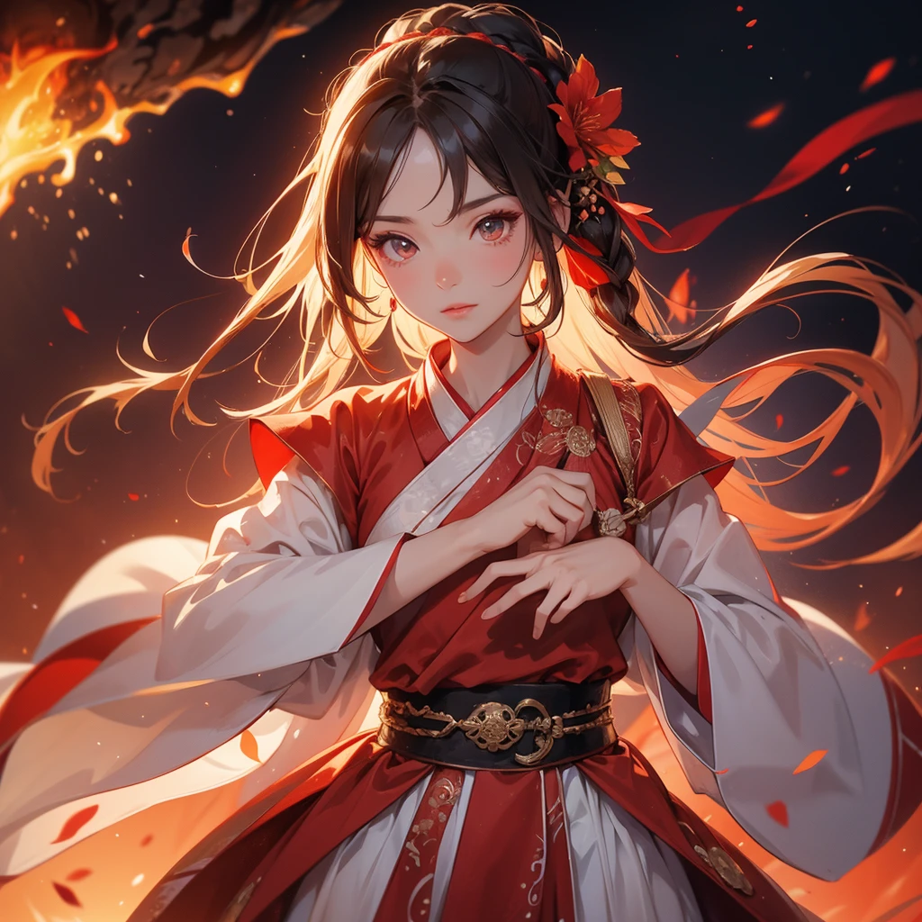 A beautiful female in hanfu dress holding a big and long sword in the middle of Background is a volcano, lava erupting red, close up.