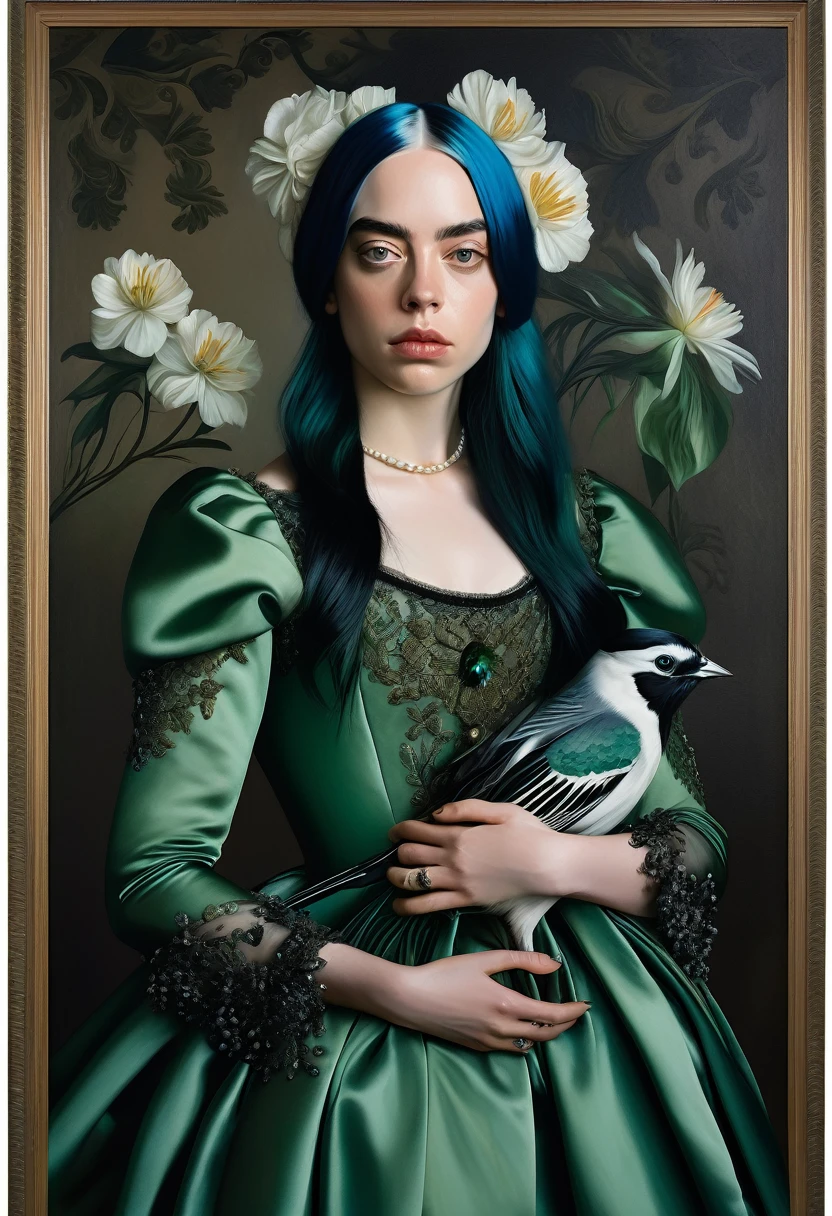 Billie Eilish painted in an elegant Renaissance gown. She has her signature green and black hair styled elegantly and is posing with a mysterious expression. She holds a small bird in one hand and a flower in the other. The background of the painting contains dark hues in a classical oil portraiture style of Renaissance art, cinematic lighting, hyper-realistic, elegance and grandeur typical for historical portraits