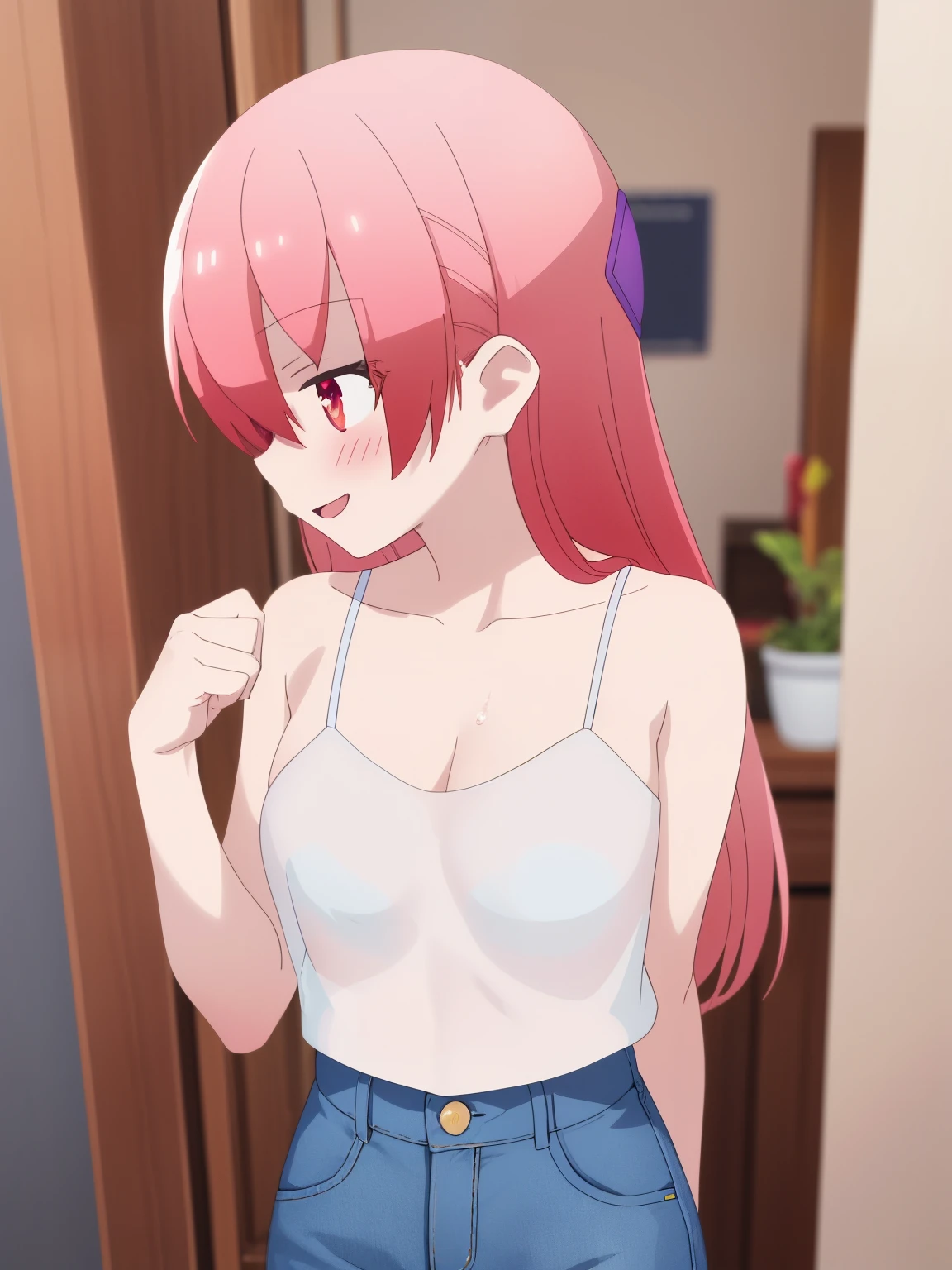 (masterpiece), Highest quality, Expressive eyes, Perfect Face (Blue Denim Micro Shorts), One person, ((Vacant room)), Cleavage, See through, good, Sweaty, Oily, Profile photo, luck_no_i-min style, Tsukasa, Place your hands behind your head, I can see the ribcage, Detailed abdomen, Underarm, Soft Light, The Graciousness of God,  (Perfect hands, Perfect ???????), I'm smiling at you、