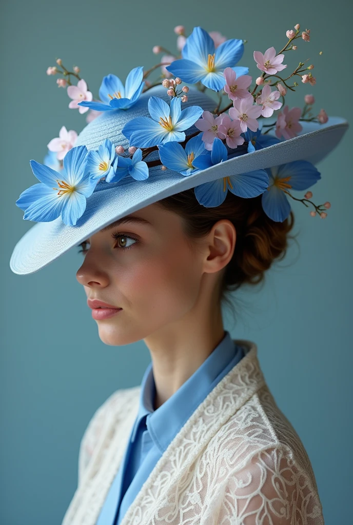 Blue and orchid flower design Make it around the hat like hanging flowers from a vine. It hanging edge of the hat long vine and flowers should hang to the down with orchid fower. Design new unique hat design also using shape