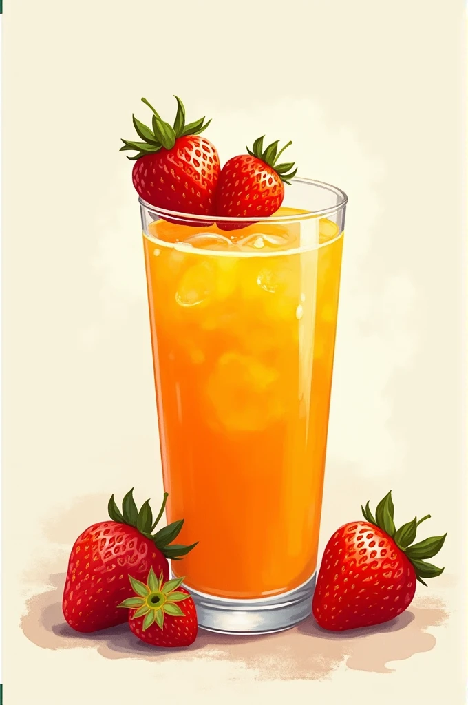 Image of an orange juice with strawberries on top that looks hand painted