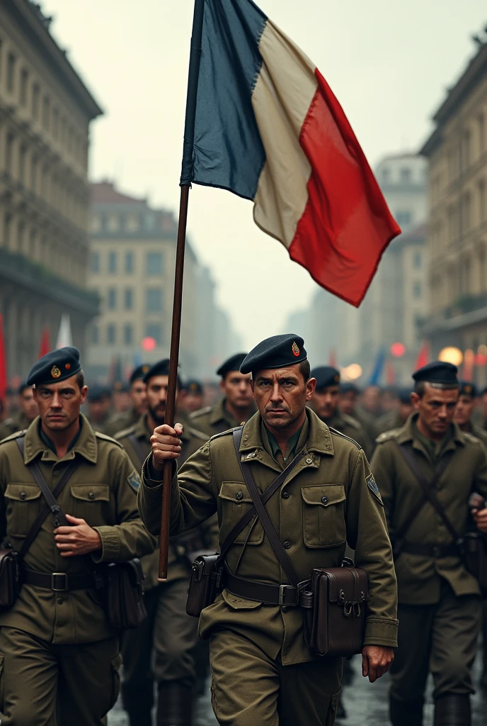 Imagine French soldiers equipped as in 1940, proudly parading in Berlin with the French flag., certains portent aussi un béret basque et la population est mitigée face à leurs défaites