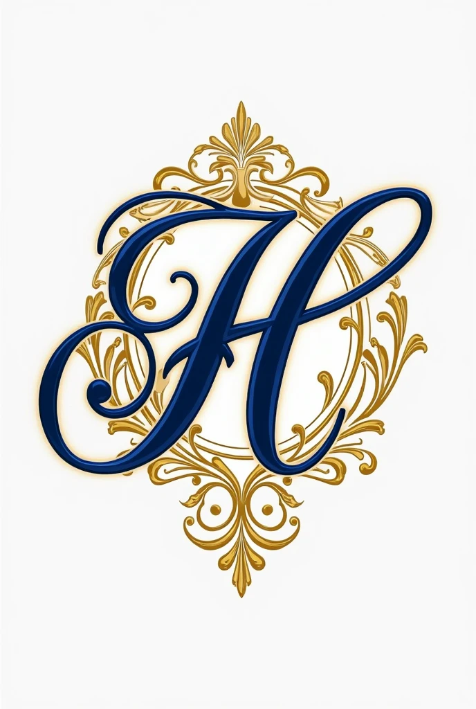 Create a logo for a stylish and over-the-top clothing brand that starts with the letter H in a royal blue and gold cursive font.
