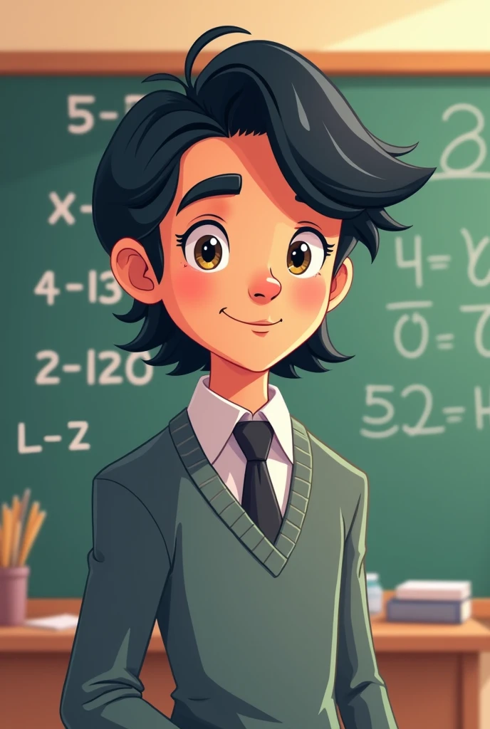 Math teacher young man with long shoulder length hair black hair color in cartoon drawing style


