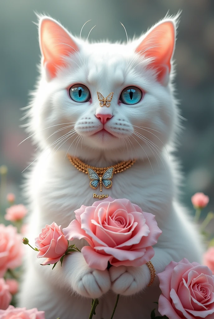 Create a white cat with blue eyes with roses in its hands and a butterfly on its nose and with a necklace on its neck that says Regina