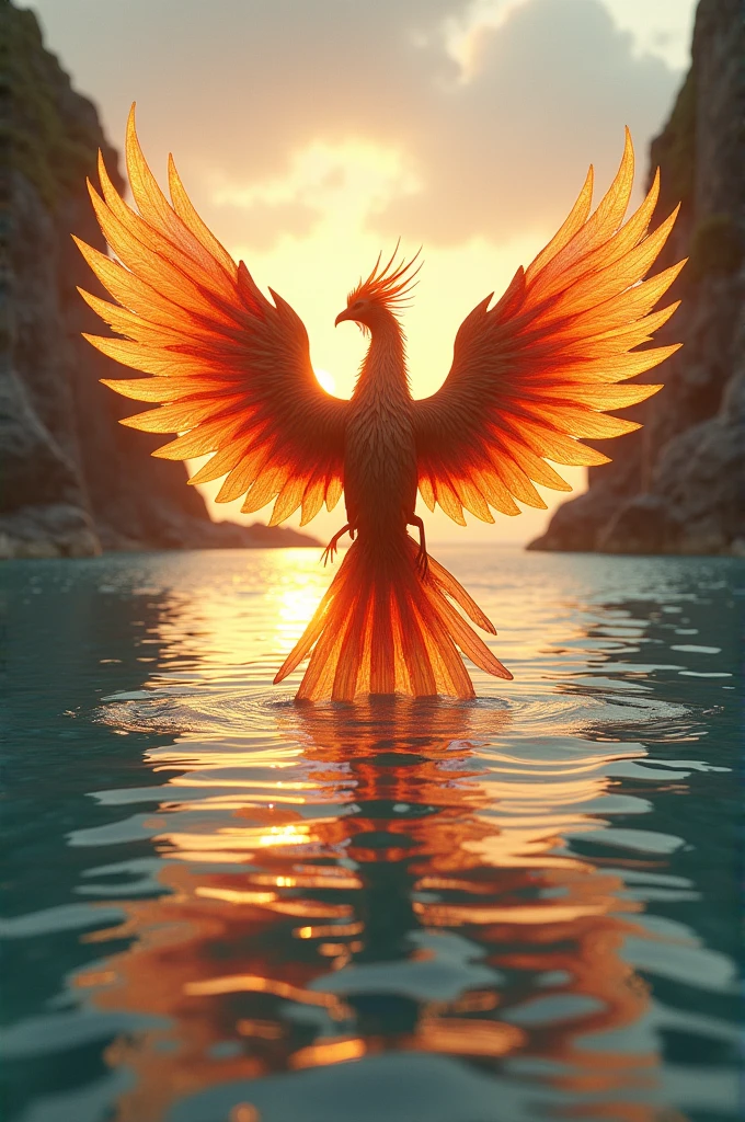 Beach with crystal clear water at sunset with a phoenix appearing