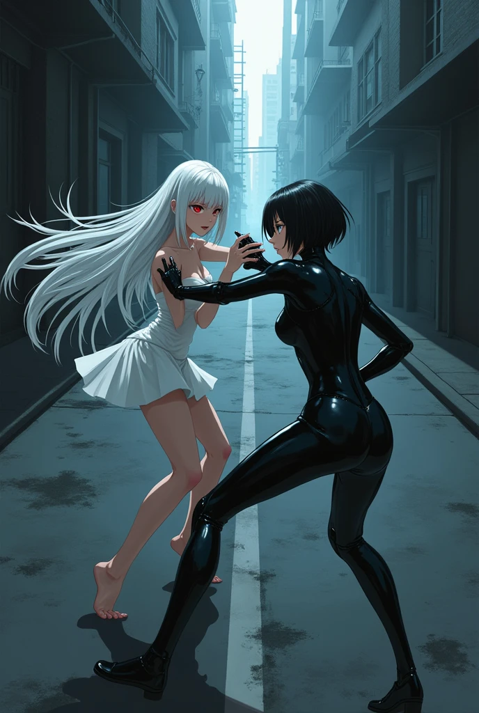 The image is anime style Darker than black with shadows and dim lights, anime style although somewhat adult and dark, It shows a scene of the roads of a city. In the image, an albino with long white hair and red eyes is fighting., who wears a short white dress and has bare feet, against a female android who has short black hair and a latex suit and one blue eye and the other brown. They fight bare-knuckle on the road. They are in combat stances. The image is focused from above, so you can barely see the fighters in question. Only they are in the picture