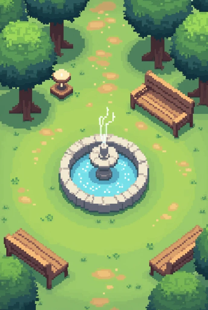 Create a pixel art scene depicting a park with a fountain. The park should include basic elements like grass, trees, and park benches. The fountain should be a simple, stylized structure with minimal detail, focusing on the shape of the fountain and water flow. Use a pixelated style with a limited color palette (e.g., greens for grass, browns for benches, and grays for the fountain) to keep it consistent with classic pixel art aesthetics. Ensure the design is clear and recognizable, with each element defined by distinct pixel patternsCreate a pixel art button labeled 'Iniciar'. The button should be rectangular with rounded edges. Use a bright, engaging color like green or blue for the button background, and include the word 'Iniciar' in bold, contrasting text (e.g., white or black). Add a subtle shadow or border to make the button stand out. Ensure the design is clear and easy to read."Create a pixel art button labeled 'Sair'. The button should be rectangular with rounded edges. Use a color that signifies exiting, such as red or orange, for the button background. Include the word 'Sair' in bold, contrasting text (e.g., white or black). Add a subtle shadow or border for clarity. The design should be straightforward and visually distinctCreate a pixel art button labeled 'Menu de Personagens'. The button should be rectangular with rounded edges. Use a color that stands out, like blue or purple, for the background. Include a simple icon or graphic representing characters (e.g., a small silhouette of a person) alongside the text 'Menu de Personagens' in bold, contrasting colors. Add a subtle shadow or border for definitionCreate a pixel art button labeled 'Configurações'. The button should be rectangular with rounded edges. Use a neutral color, such as gray or dark blue, for the background. Include an icon representing settings (e.g., a small gear) next to the text 'Configurações' in bold, contrasting text. Add a subtle shadow or border to enhance the button's appearance