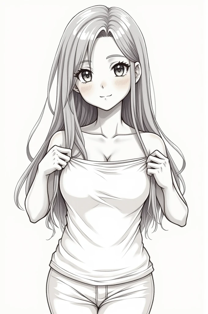 Drawing of a girl lifting her t-shirt above her breasts
