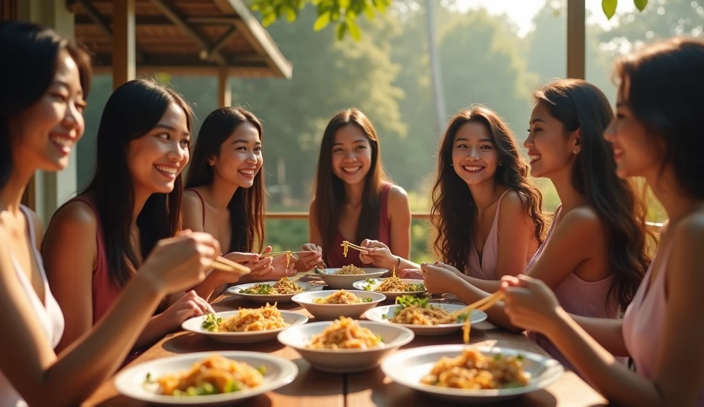 7 Beautiful Indonesian Women, his body is quite fat, fair skin, big nose, long wavy hair, wearing a denim jacket, long pants, wearing pink sneakers, sit down, eating position, on the table there are chicken noodles, his hand holds giant chopsticks, happy face facing the camera, in front of the country house, morning mood, minimal defects, very detail, realistic, 8K picture