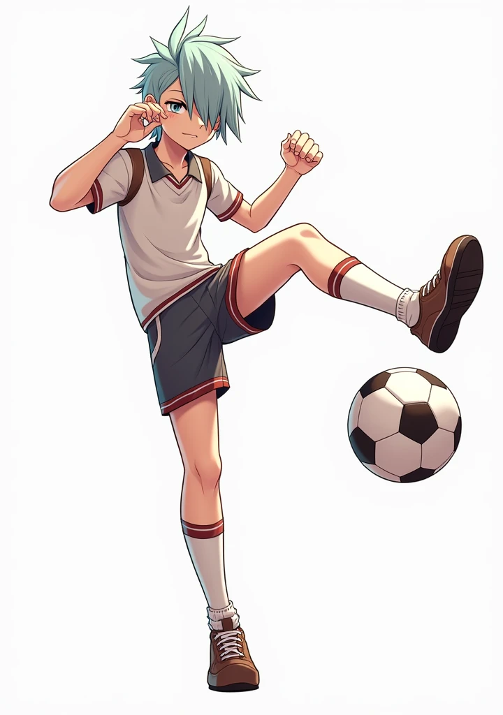 Football field image background, naughty man, light cyan hair, hair covering the eyes