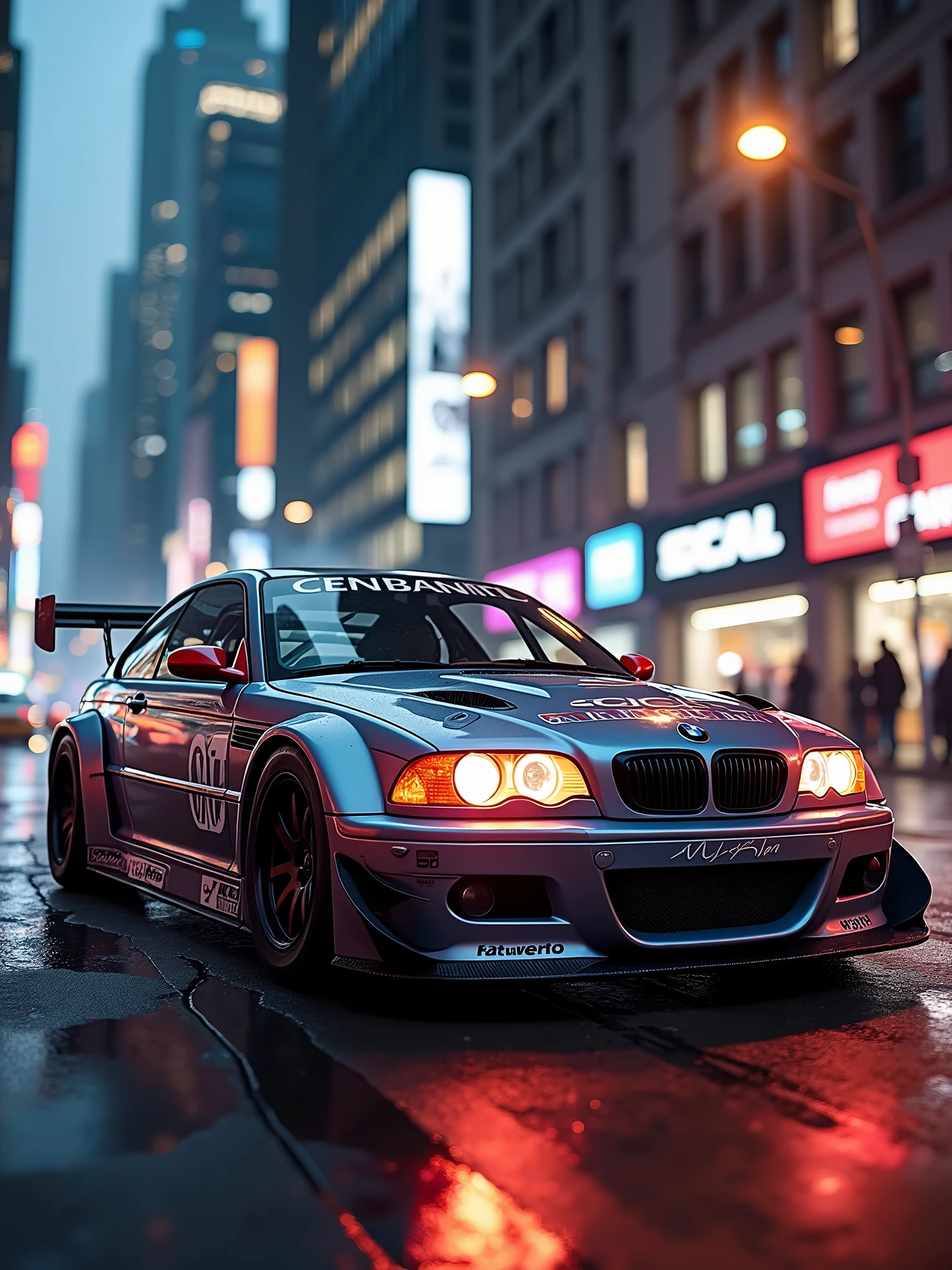 BMW E46 M3 gtr need for speed most wanted car in a city , high quality photograph, sharp focus, bokeh, ligthing