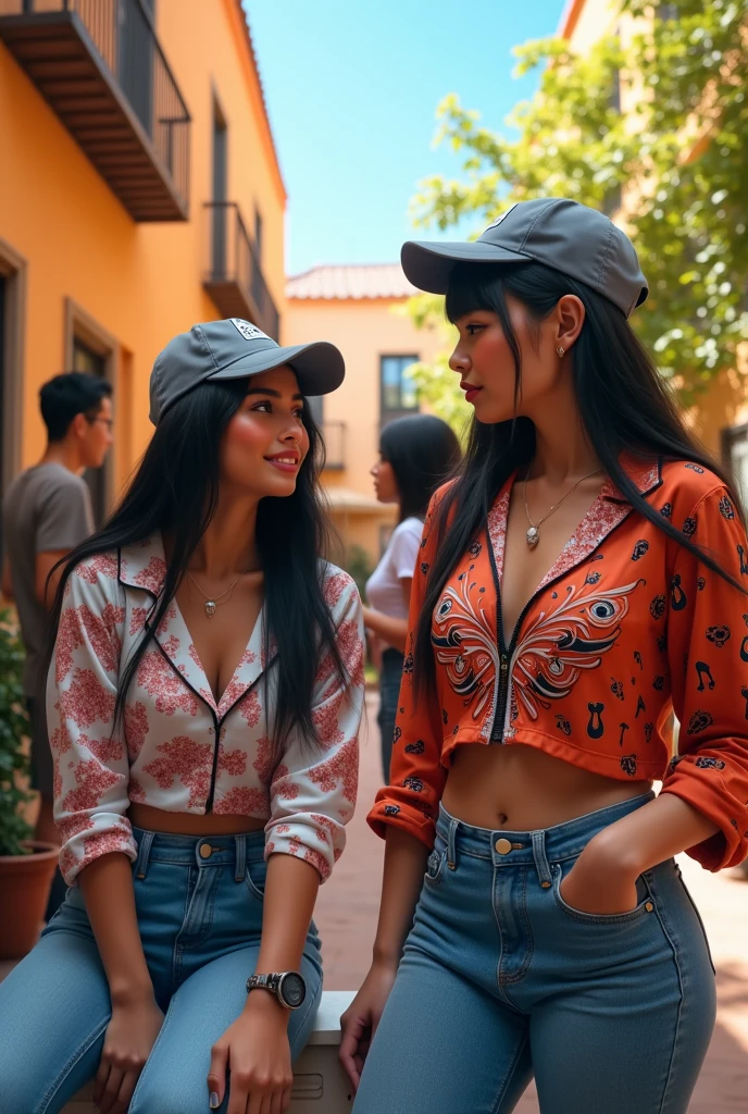 Young men and women 18 to 2, light skin urban clothing with crazy designs blouses jeans tennis caps sitting in the courtyard of the music school straight hair latin features and characteristics