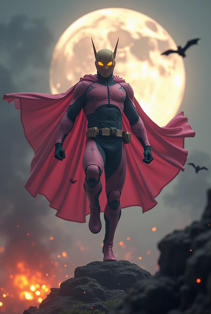 Malaysia man in high-tech suit, vivid effects, malaysian superhero(( (KELUANG MAN)) in a jumpsuit cargopink and brown beige costume cyberpunk design((, mask small mini bat ear beige,))(( beige bat mask domino beige cover head helmet))jumpsuit dark pink stands confidently in a dramatic.jumping from high place.hero costume.one hand rise up. (Small punisher in triangle shape on chest.). jumping from hight place. Fighting pose , stormy landscape. ((Head covered node guard like batman.)) Running pose , athletic body type, small mini ear bat mask))The character wears domino mask a helmet with pointed mini torn ears and a flowing cape biege, open nose and mouth. Equipped with visible futuristic weapons on a belt,bullet proof jacket pink dark day.show fingers pose, dark night, big supermoon effect . Small logo on chest triangle shape small ((mitch gerads punisher ) )). rocky. Building top.smoke ground , bomb effect background((, losse pants, losses costume.))adding to --ar 3:4 --style raw --stylize 500 --v 6.1. chaos. Lot of small flying bat.two Hand ride up , open legs up one leg down in standby for jumping in high place. One leg on the high stone. Man. Backpack . Real man age 40 year old. One hand holding belt. Jump from high place. Open cape.two hand holding pistol